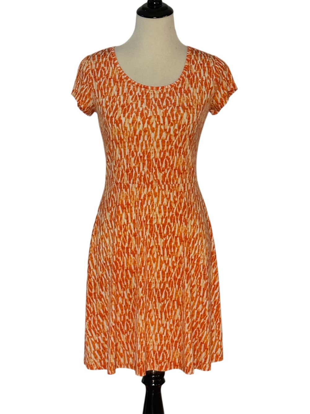 Michael Kors Small Orange Abstract Print Fit Flare Stretch Dress Back Zip